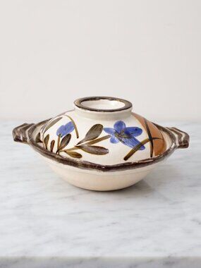 Vintage Japanese Donabe Lidded Casserole Clay Pot Floral Stoneware 9"